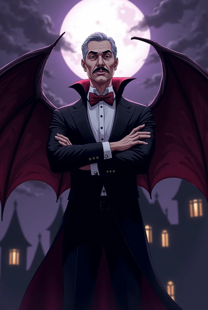 A middle aged classy vampire with crossed arms and bat wings in anime style