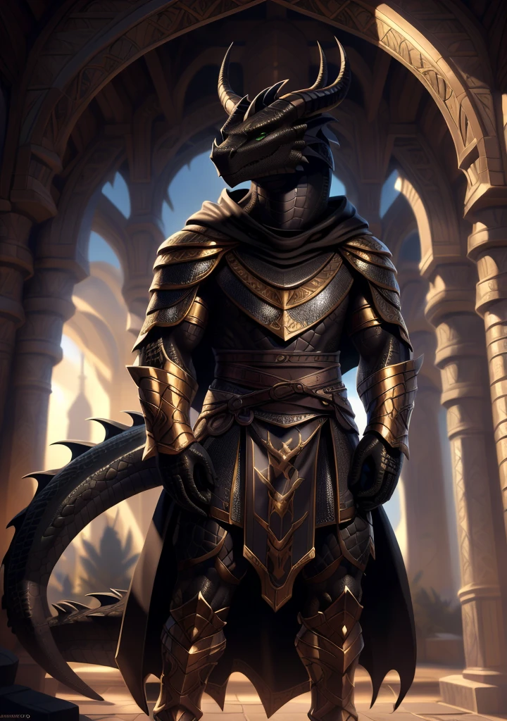 Realistic, detailed, beautiful, masterpiece, HDR, castle interior background, fantasy setting, king, ((gold armor, gold breast plate, chain mail, gold pauldrons, gold greaves, gold leg armor, wearing gold armor, black robes, black cloak, wearing black robes and cloak)) dragon, anthro, male, male body, black skin, (black scales:1.9), (two long thin horns:1.3), green eyes, detailed eyes, perfectly shaped body, confident majestic pose, finger black claws, masculine facial features, seductive gaze, neutral facial expression, black pointed ears, standing tall, out doors, daytime, close-up, portrait, face focus,
(detailed Bonifasko lighting), (detailed scales), (detailed skin), (male dragonborn), BREAK, ((long flowing tail)), ((facing viewer)), (cinematic lighting), ((detailed background)), ((portrait view)), (((close-up))), (good lighting), [backlighting], [crepuscular ray], [detailed ambient light], [gray natural lighting], [ambient light on the belly], (higher wildlife feral detail), [explict content], [sharp focus], (questionable content), (shaded), ((masterpiece)), furry dragonborn, reptilian face, furry Fantasy Art, furry Art, Commission for High Res, anthro Art, POV furry Art,Sakimichan beautiful, masterpiece, best quality, detailed image, bright colors, detailed face, perfect lighting, perfect shadows, perfect eyes, green eyes, flawless face, face focus, (masterpiece:1.21), (best quality:1.2), (illustration:1.2), (cinematic lighting:1.3), detailed scales, balanced coloring, global illumination, ray tracing, good lighting, scales, anthro, well lit 