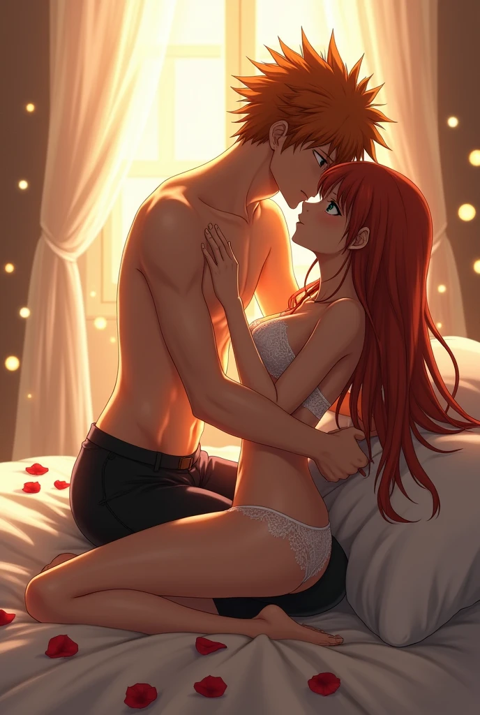 Kurosaki ichigo and big breasts orihime inoue in underwear make love on bed, realistic photography, real human,