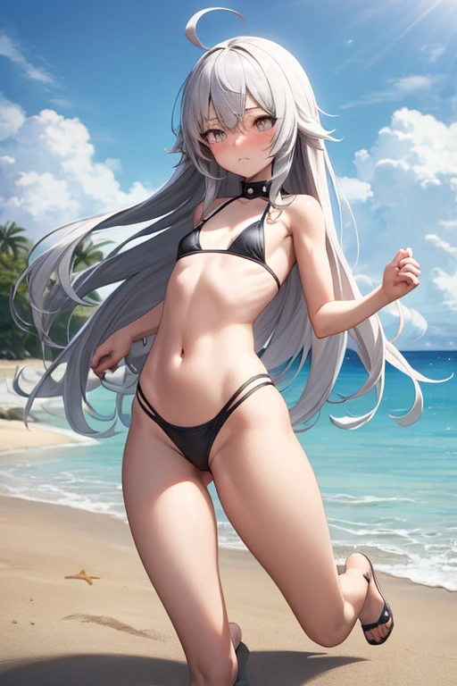 ((best quality)), ((masterpiece)), (detailed), a girl, full body, , young adult, embarrassed face, very tall, gray eyes, long hair white, spiky hair, ahoge, bangs covering her right eye, very small breasts, flat chest, sexy black bikini, seductive legs, beach background, looking at me, anime