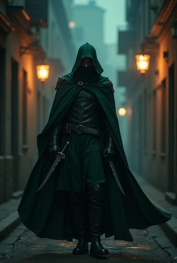 create a male character with 1,75m tall, 66kg with a dark green cape and two daggers