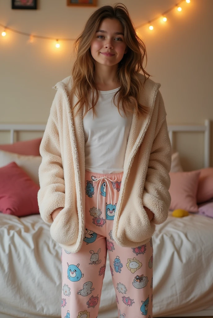 (realistic) a 19 years old girl wearing pajamas characters print and jacket (full body)
