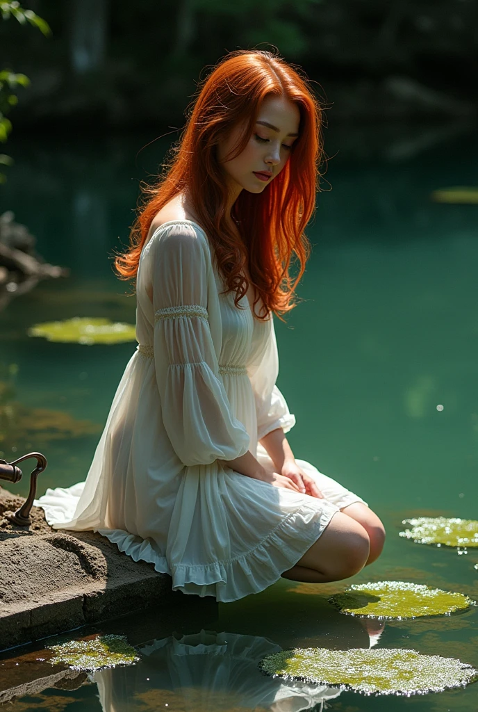 (photorealism:1.2), beautiful woman, red hairstyle, in a lake with mud, green lagoon with algae, wearing a white dress with a lampshade underneath, wearing a pantie, with a washing board kneeling next to the lake, dark and gloomy atmosphere, transparent dress, realistic, intricate details, warm color ambient