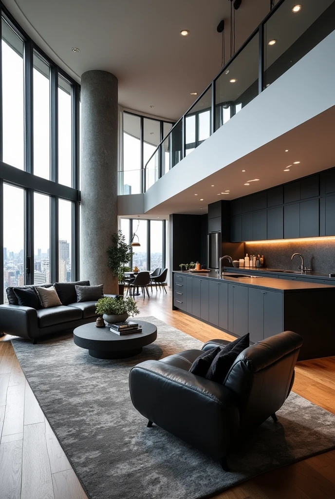 Chic room furniture is black and gray base window is urban large room high floor kitchen is also plus kitchen is in front of living room kitchen is gray and black
