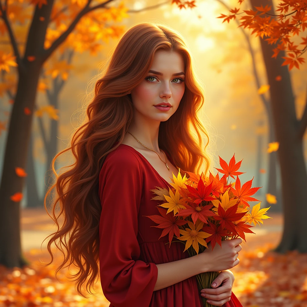 Draw a woman, Slavic appearance, bright hues, stands in an autumn park with a bunch of leaves in his hands