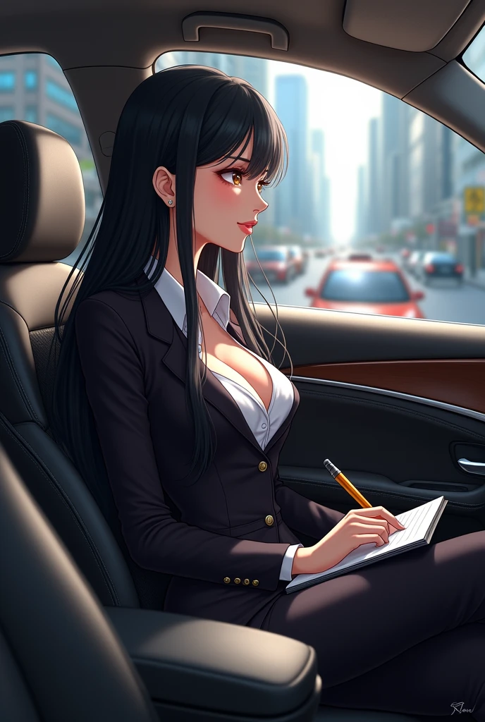 (anime:1.2),Woman with black hair, long, with bigger breasts, slender and ass. dressed as a secretary, sitting in a car with a notebook in hand to take notes