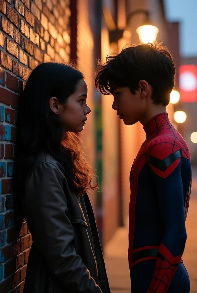 a girl with wavy hair split against a wall, a boy similar to miles morales spiderman on the other side, detailed face, high quality, photorealistic, 4k, 8k, ultra-detailed, realistic, vibrant colors, intricate details, dramatic lighting, moody atmosphere, cinematic composition