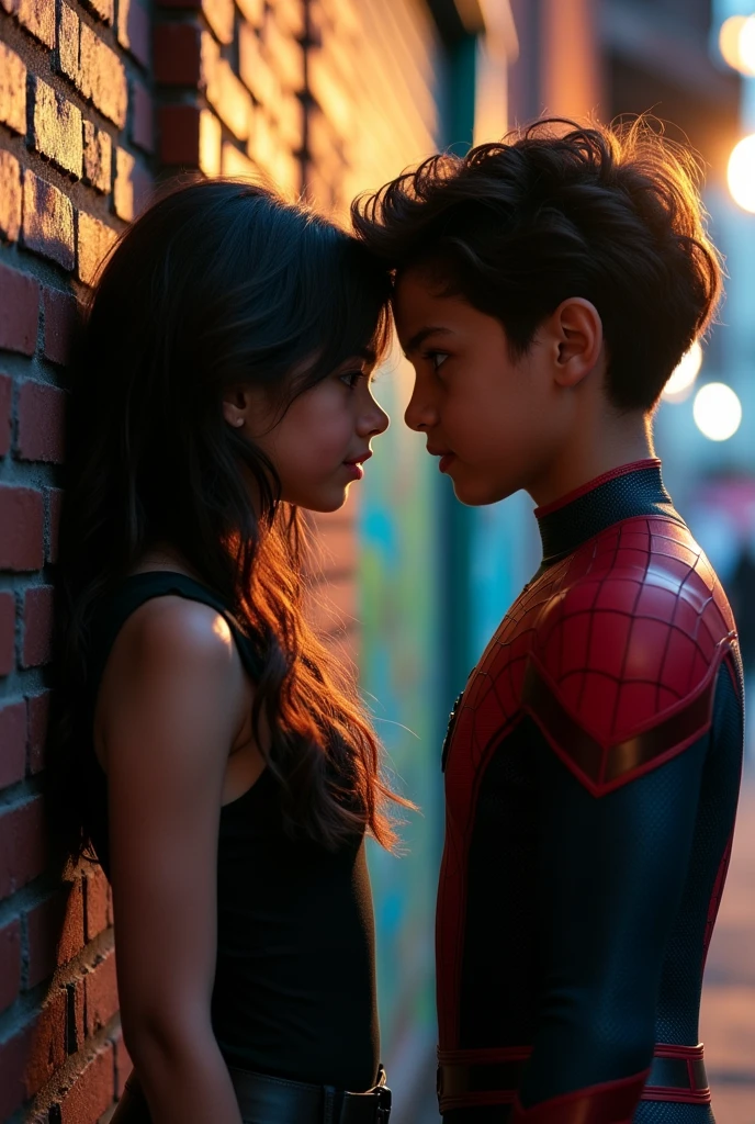 a girl with wavy hair split against a wall, a boy similar to miles morales spiderman on the other side, detailed face, high quality, photorealistic, 4k, 8k, ultra-detailed, realistic, vibrant colors, intricate details, dramatic lighting, moody atmosphere, cinematic composition