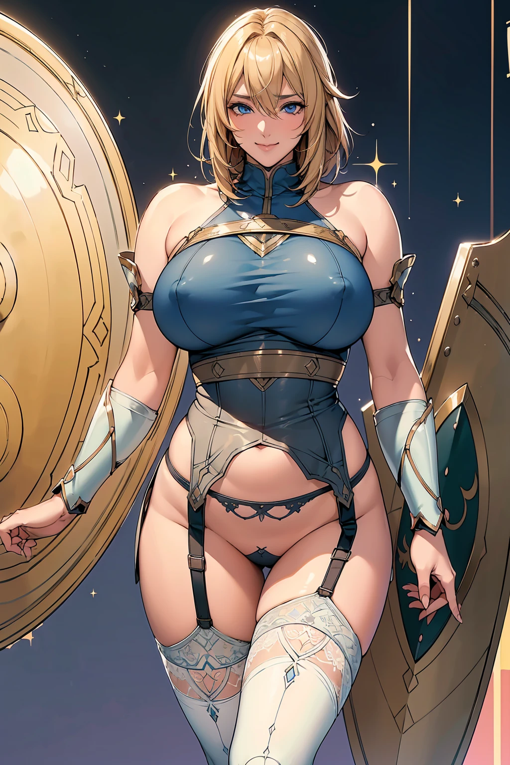 Browsing CauTion,Sensual, Long blonde hair, Thick Thighs, 8k, 4K, HighesT qualiTy, (High resoluTion:1.6), CuTe anime face, Noise ReducTion,shorT hair,Flaxen Hair、 (Sparkling Blue Eyes, A kind smile:1.3, Kind eyes:1.3)、Young Face, Anime Eyes, Asheria、(Equipped wiTh a shield on The lefT arm:1.5)、(SFW GianT:1.9)、Large areola, Puffy nipples:1.3、Long TighTs、Knee-high booTs、(garter belt:1.5)、BeauTiful Hands、BeauTiful fingers、(High cuT Thong:1.5),squat, Spread your legs, Listen to me,lisTen don&#39;T, Angel Mort Uniform, Thighhighs, Exposing shoulders, deTached sleeves, leotard, waiTress