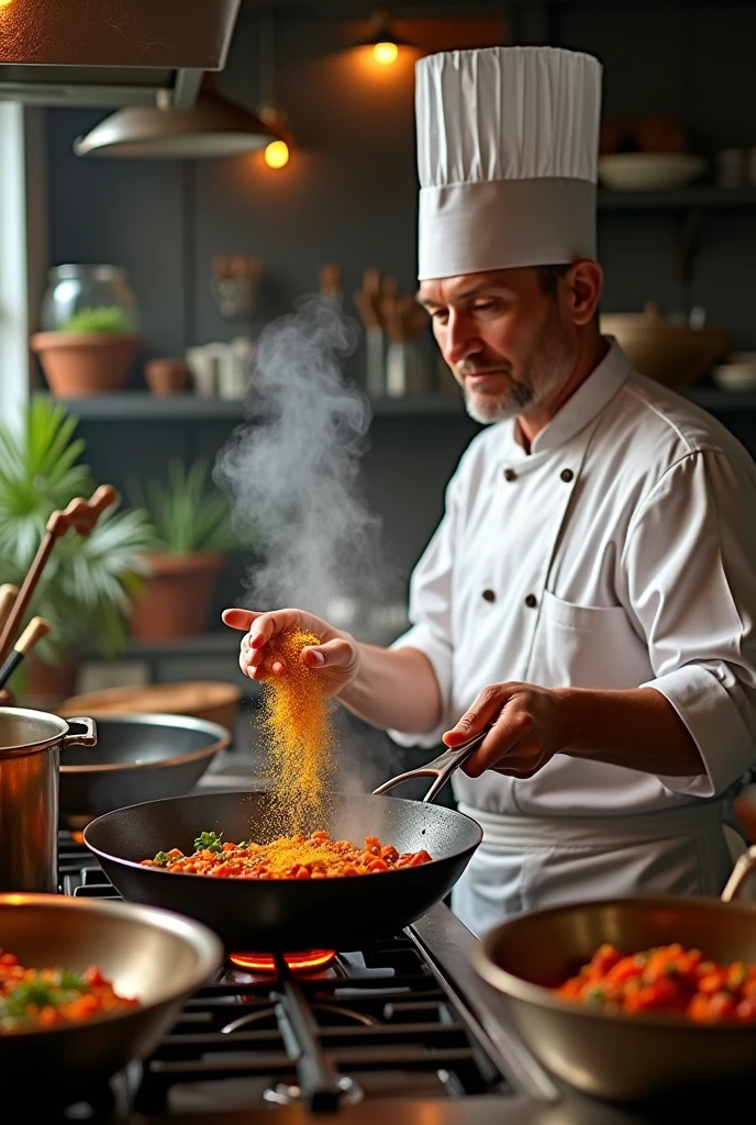 cook preparing a dish, putting spices in the pan, fullhd