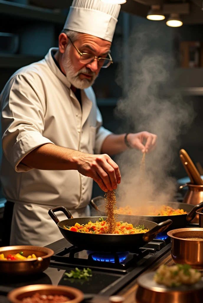 cook preparing a dish, putting spices in the pan, fullhd