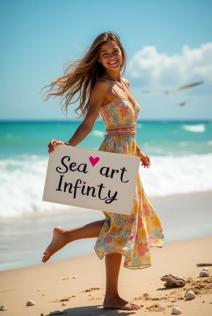 Beautiful girl with wavy long hair, bohemian dress, holding a white board with text "I Love Seaart Infinity" and showing it to the viewer