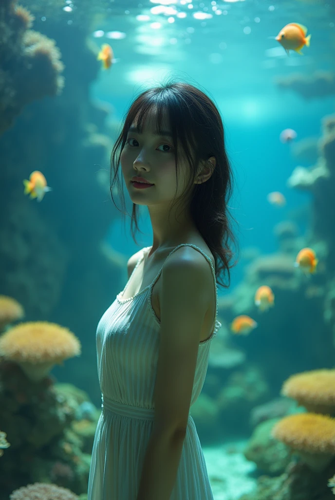 Very delicate and beautiful, wonderful, In detail, masterpiece, Very detailed, High resolution,Best Shot, Best Shadow,Complex,Sharp focus, high quality, 1. Japanese women, alone.cute,Fuka Koshiba,Yuki Sakurai, aquarium, Aquarium fish, Colorful coral reefs, Woman observing fish, Woman reflected in aquarium、Fish are swimming everywhere, Lens flare,Sleeveless,Beautiful breasts,Cool eyes,Glossy Lips,smile,Glowing Skin,Beautiful Skin,From below,From the waist up、Front blur、OMeters-D E-Meters1 Metersark III,Meters.Zuiko Digital ED 17mm F1.2 Pro,f2.8、Looking into the camera、Waistline、Churaumi