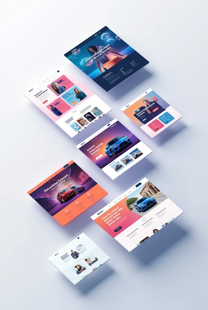 Modern and fluid web page designs in a single image, Some may be a clothing store, others a web portfolio, others a food store, others a car sales store., that they are displayed as if it were a list of 3D cards that are slightly overlapping but that allow you to appreciate the variety, that they are almost all together, that there is no fund or that the general fund is as minimal as possible, that there are no people or faces no faces, not even 3d as if it were real, las cards are 3d, avoid the background of the general image, includes responsive views