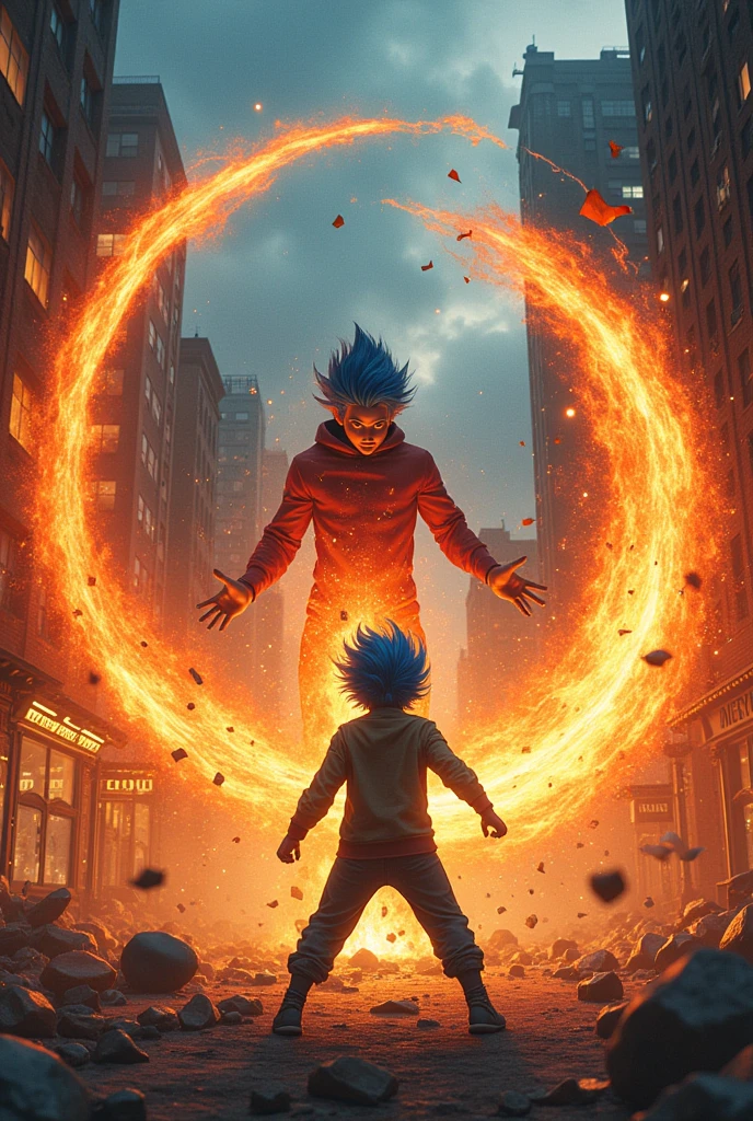 Make me a blue hair 16 year old fighting a villian with throwing a fire ball at the ball and the 16 year old blue haired boy punches the fire ball at the speed of light destroying the city and the villain runs at him and starts to punch him but the boy blocks it easily