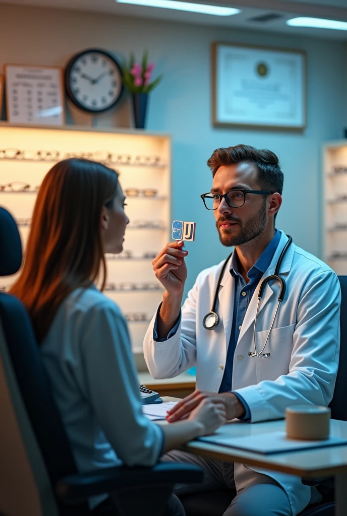 An advertising image that says JL lenses optics in which an optometrist appears performing an eye exam and has the JL notice