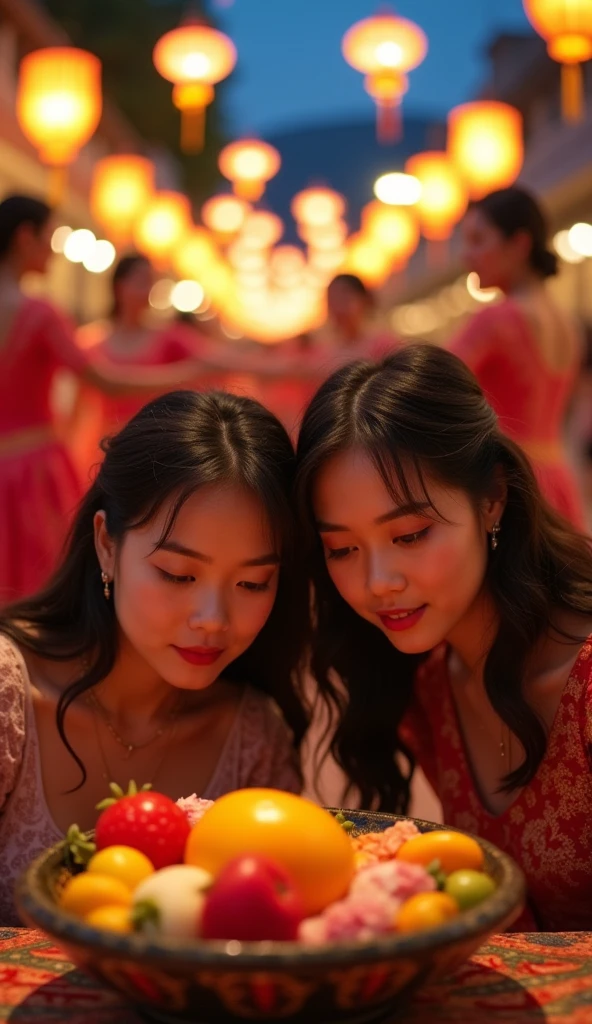 put women dancing in the background and the two in the foreground looking at the bowl