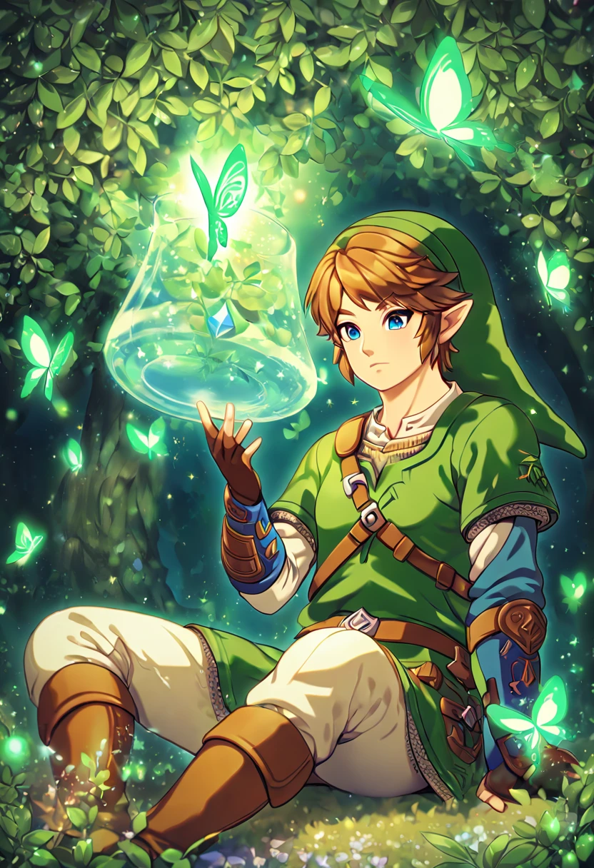 absurdres, highres, ultra detailed, HDR, master piece, best quality, extremely detailed, Link, brown hair, expressive blue eyes, The Legend Of Zelda Skyward Sword, solo, sexy man sitting, sensual, handsome, green tunic, green hat, brown gauntlets, white pants, under a green tree, fantasy, magical, glittering fireflies, green butterflies, green flames, glass magic, green leaves