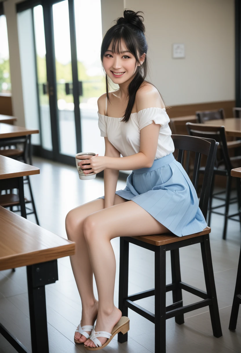 score_9, score_8_up, score_7_up, BREAK rating_explicit,(photo-realistic:1.2),(professional photo), realistic photo,subsurface scattering, volumetric lighting, light from the front, BREAK 1 female,22years old,kawaii,((Japanese)),Japanese idol face,black updo hair with side bangs,realistic skin texture,solo,kawaii, perfect body, BREAK (wearing pastel no-sleeve onepiece dress,sexy lace panty,sandals),(pale skin),(slender body:1.2),(small breasts),large hip, (blushing),day,bluesky,cafe,(sitting on chair),(hot coffee & １ cake on the table),from head to knee shot,visible shadow of erect nipples,smile,(I can see her panty:1.3),(downblouse),(I can see her nipple:1.4),