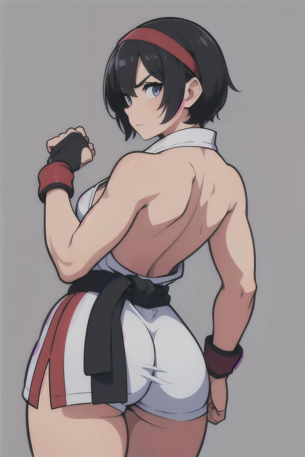 (masterpiece, best quality:1.2), expressive eyes, perfect face, highres, 1girl, solo, ryu \(sf\), (female:1.5), black hair, short hair, dougi, white karate uniform, fingerless gloves, red headband, back pose, portrait, l back at the viewer, cowboy shot