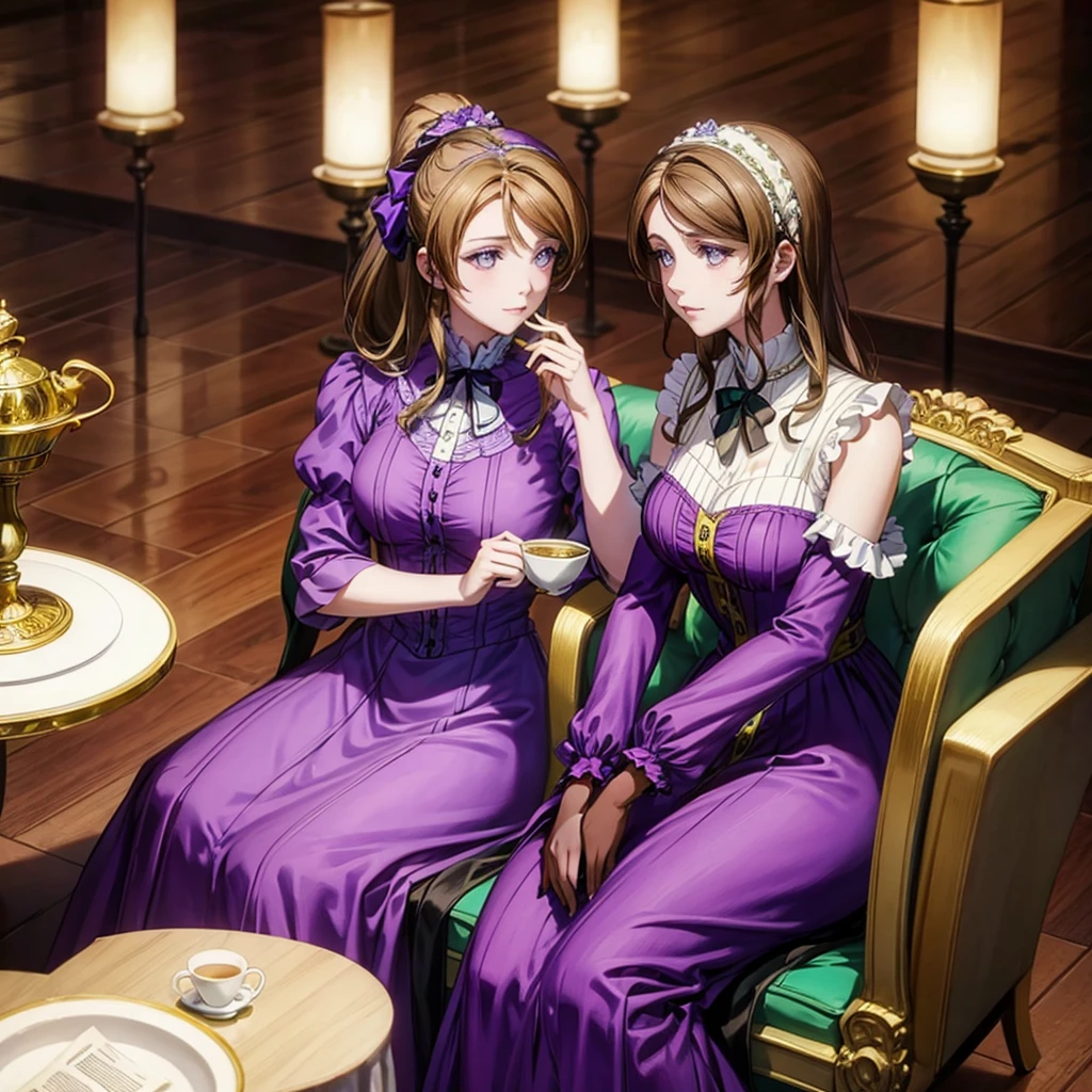 Brown hair woman, Violet eyes, Purple dress, Victorian style dress, Royal Family, noble, Drinking tea with a woman