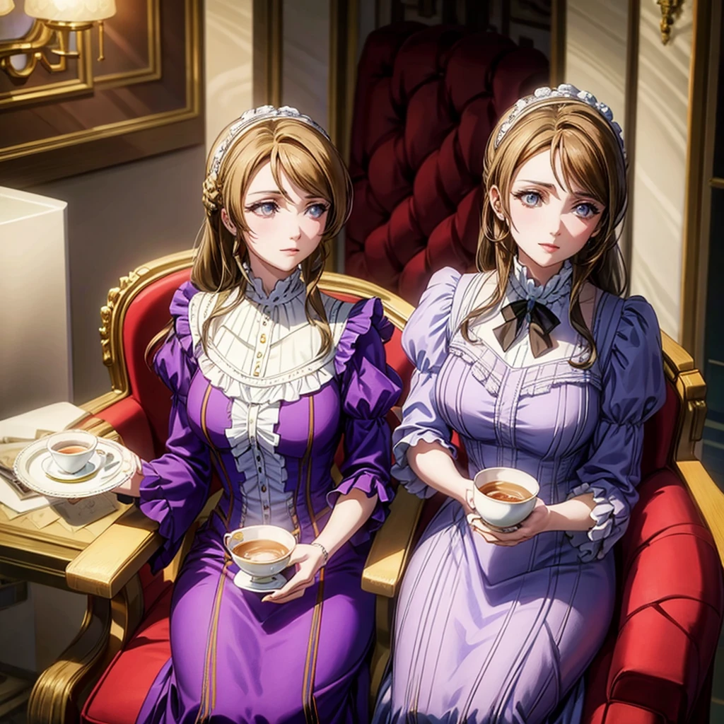 Brown hair woman, Violet eyes, Purple dress, Victorian style dress, Royal Family, noble, Drinking tea with a woman