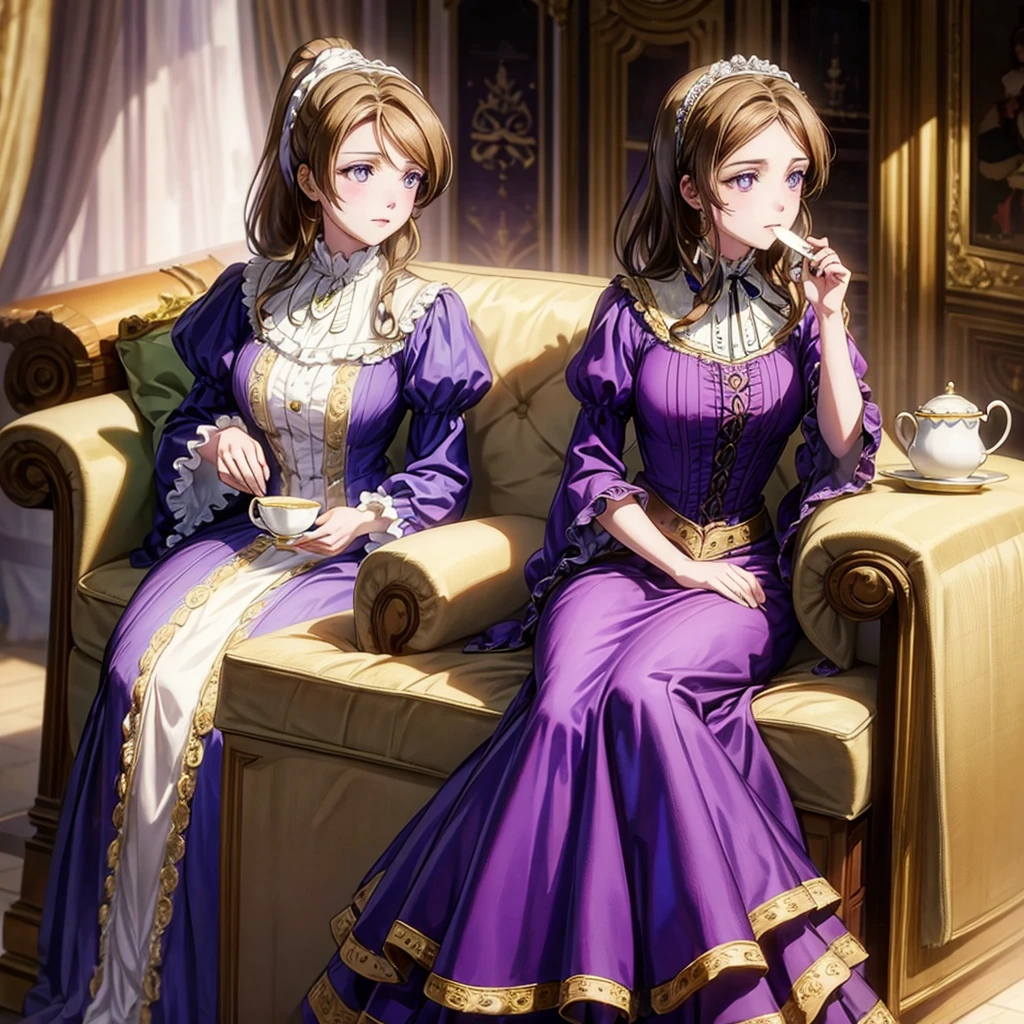 Brown hair woman, Violet eyes, Purple dress, Victorian style dress, Royal Family, noble, Drinking tea with a woman