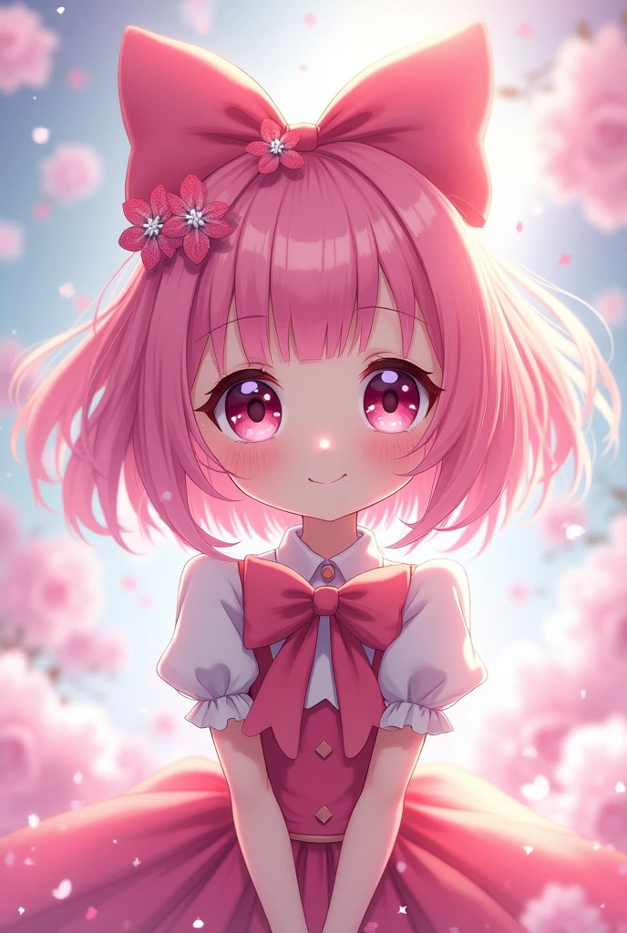 Anime girl with pink hair and a bow in her hair, cute realistic portrait, Guweizu, portrait of a magical girl, cute character, cute art style, Animation Moe Artstyle, Character art from Maple Story, cute portrait, cute anime girl portrait, Portrait of a small character, artwork in the style of Guweizu, Splash Art Animation 