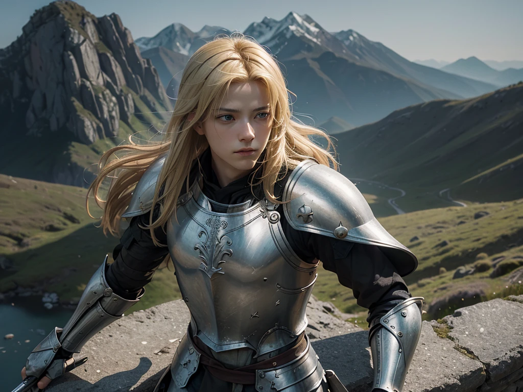 adult man, blond, stark, knight, fully body, lightweight armour, medieval fantasy, looking forward holding a long sword with both hands, at the top of a mountain, heroic pose demonstrating hope, ready for battle, high resolution, 4k resolution,
