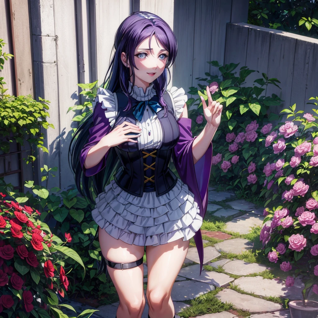 (absurd, high resolution, Extremely detailed), masterpiece, Hinata(Boruto Naruto Next Generations), ((Solitary)), 1 Girl,Medium breasts, long purple victorian style dress, Shut up, (((Long hair))),permanent, Corset and skirt pattern, Ruffle skirt, Lace, Wink wink effect, (((Delicate lips))), garden, Pink and floral,  ((Realistic skin)), Radiant Skin, ((Lustrous red lips)), Purple Eyes, portrait, beautiful, Smile, (((Dark blue hair))), Bust crop, Normal skin