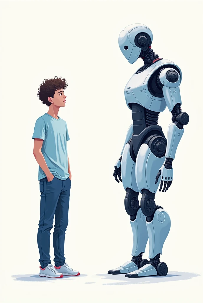 Lucas is a young man who wears a light blue t-shirt and dark blue pants and has curly hair.,Make Lucas by just making a line ,and a robot doing a very good job easily in the other frame next to Lucas