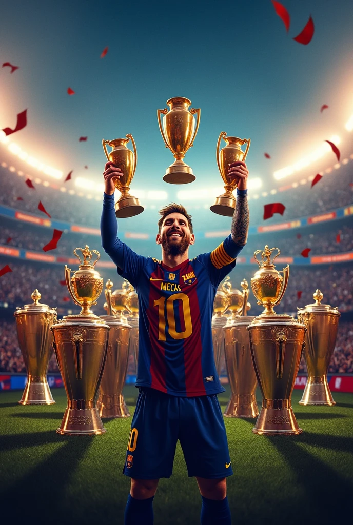 Draw Messi with all the trophies,add more golden balls and golden boots