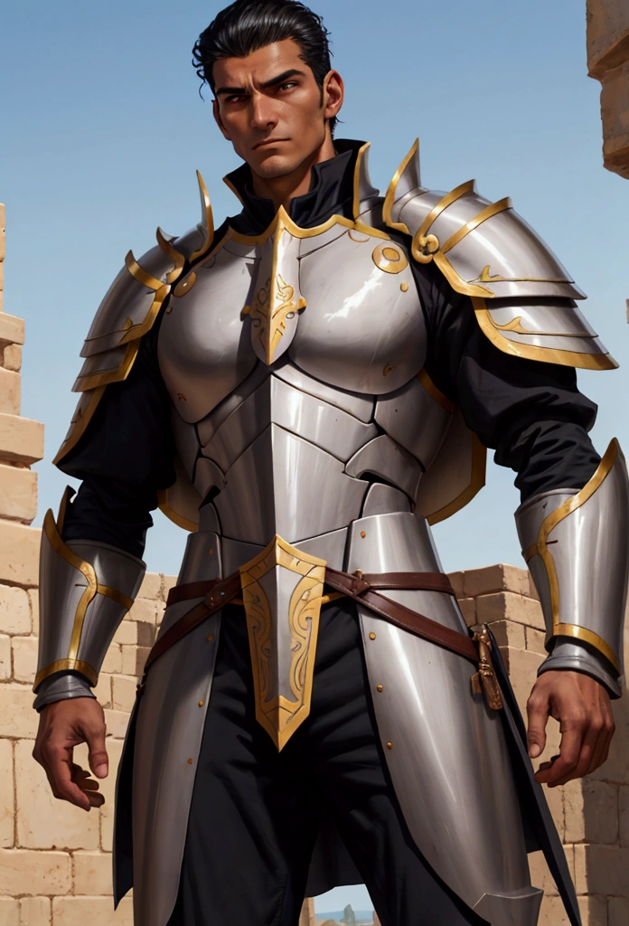 Tall man (1,97m), black hair with a low and strictly aligned cut, brown dark eyes, slightly tanned skin from working out in the sun, firm square chin, strong and trained body, with a countenance of magnitude and power, paladin and western armor
