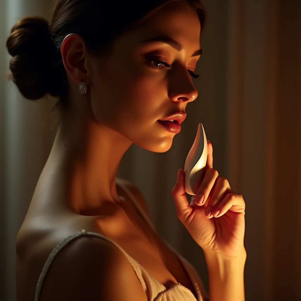 A high-definition, artistic photograph of a womanin topples, yet tasteful pose, highlighting a phallic-shaped product. The image captures her from the waist up, with her face softly illuminated and her expression confident. She is topless, but the composition is carefully framed to maintain a sense of elegance and subtlety. The product is positioned in a way that draws attention to its sleek, modern design, with the woman gently interacting with it, emphasizing its functionality without being explicit.

The shot is taken with a Canon EOS R5 using an 85mm f/1.2 lens, providing a shallow depth of field that keeps the focus on the woman’s face and the product, while the background is softly blurred. The lighting is soft and warm, creating a flattering glow on the woman’s skin, and the overall mood of the image is sophisticated and luxurious, ideal for a high-end marketing campaign.