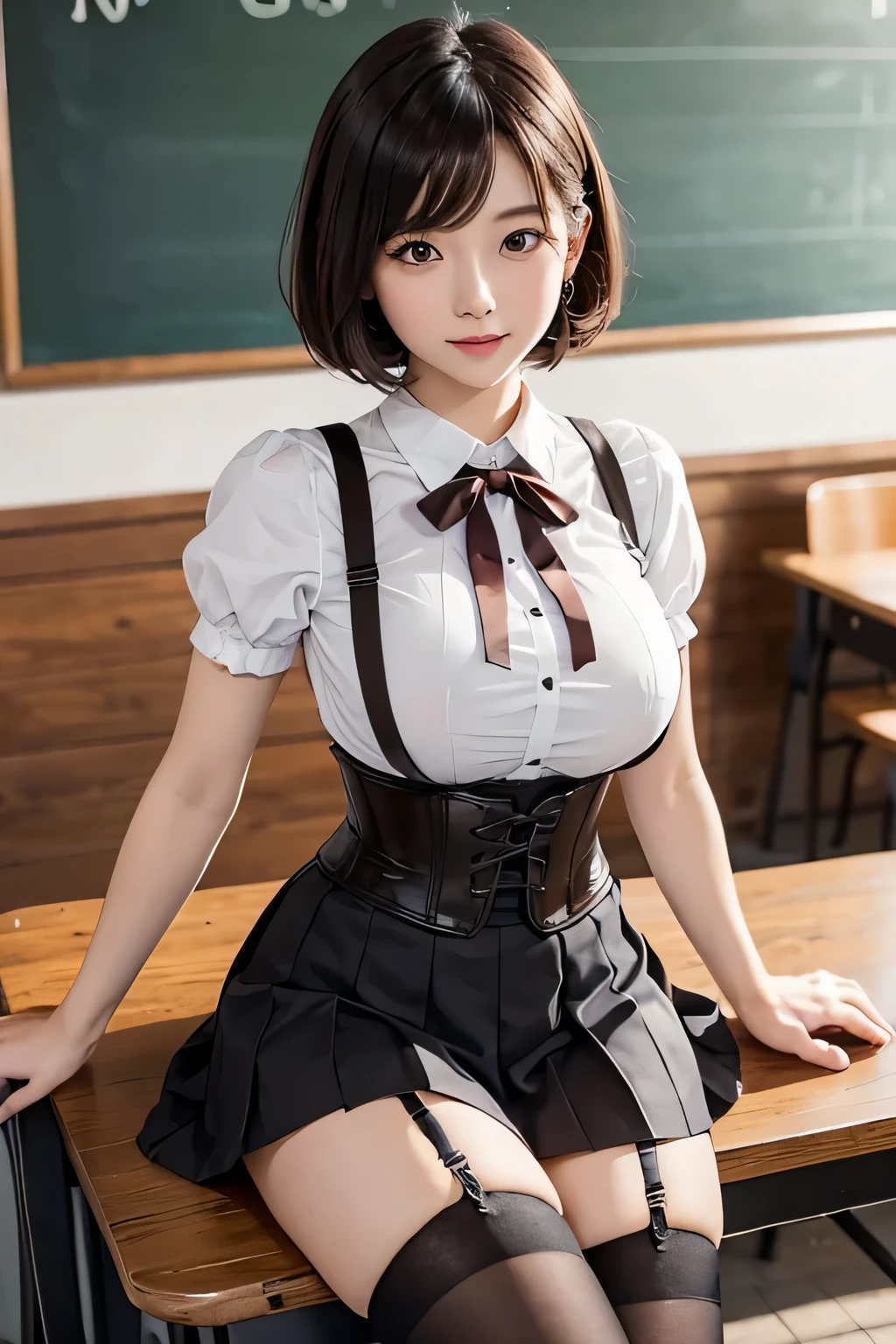 High school girls、Beautiful girl with very short hair、Too big breasts、Breasts 20cm in diameter and 40cm in length、Oversized breasts that reach the navel、She wears a school uniform designed like a dirndl、Red ribbon at neck、White shirt、Brown Dirndl、Too beautiful girl、whole body、smile、Visible from head to toe、Dark brown uniform、Cosplay photos showing the whole body、She brags about the clothes she wears、Japanese idol girl with big boobs、School classrooms. She is sitting on a classroom chair. There's a corset-like thing attached to his waist. The corset is also brown. Corset is made of cloth. She wears sock garters on both legs. The color of the sock garters is black. Her shoes are leather loafers. The color of the shoes is brown.