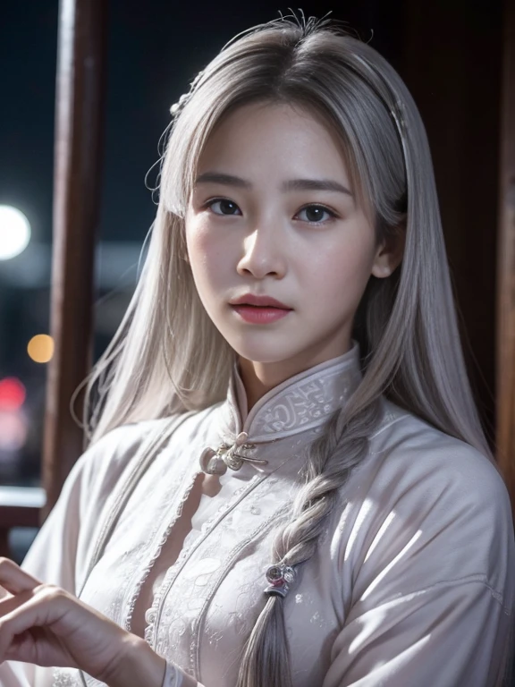 Masterpiece, Best, Night, Full Moon, 1 Female, Mature Woman, Chinese Style, Ancient China, Elder Sister, Royal Sister, Cold Face, Expressionless, Silver White Long Haired Woman, Light Pink Lips, Calm, Intellectual, Three Bangs, Gray Hitomi, Assassin, Long Sword, Swordsman, Fighting, Street View, Facial Details,