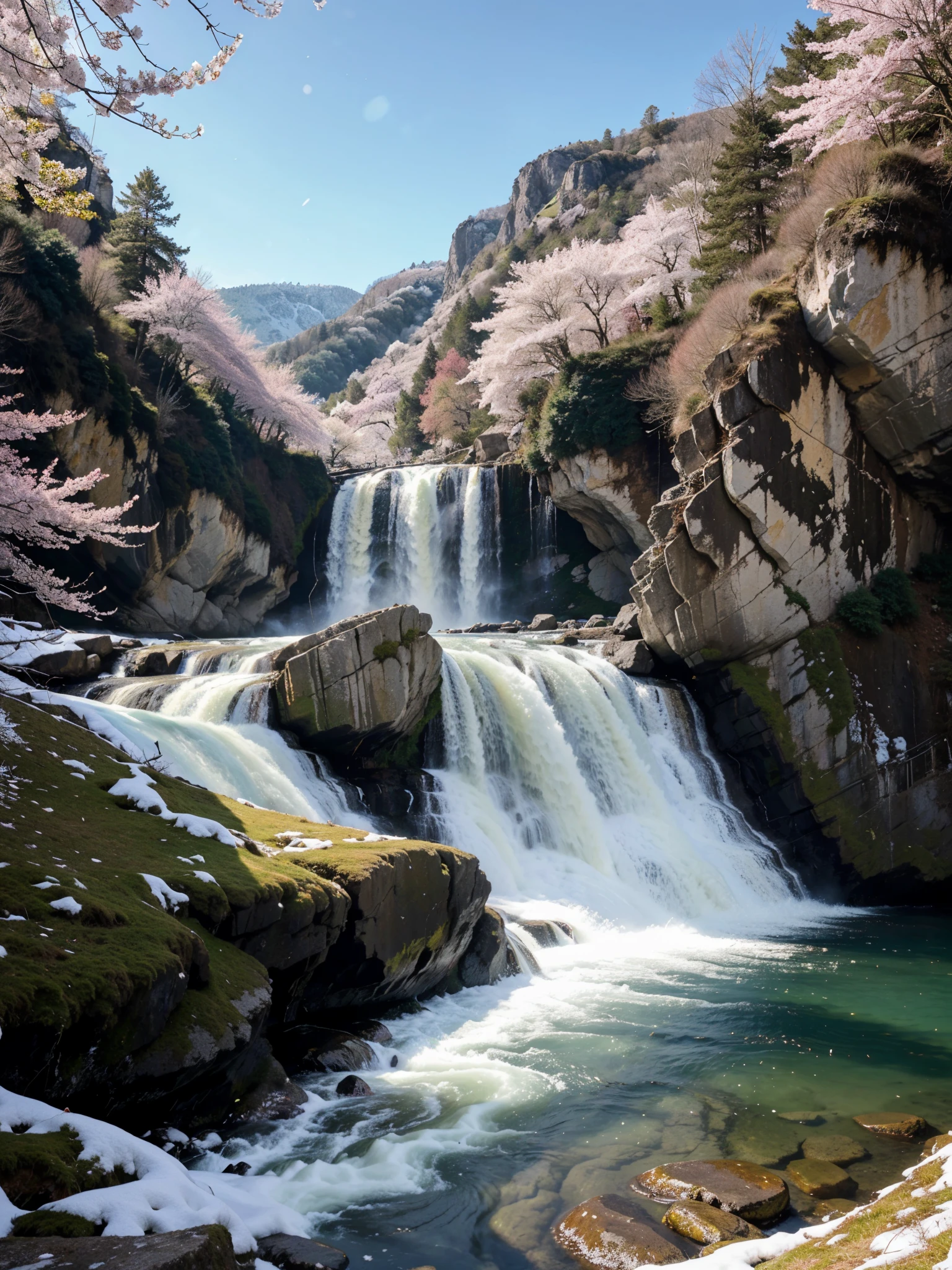 A detailed, lush landscape scene of a tree growing on a steep, rocky cliff, with a cascading waterfall, the sun shining brightly, cherry blossoms floating in the air, a fresh and serene atmosphere, with snow-capped mountains in the background, captured in the morning light.
tree on cliff, steep rocky cliff, cascading waterfall, bright sun, cherry blossoms, fresh atmosphere, snow-capped mountains, morning light, detailed landscape, lush nature, vibrant colors, photorealistic, 8k, highly detailed, masterpiece
