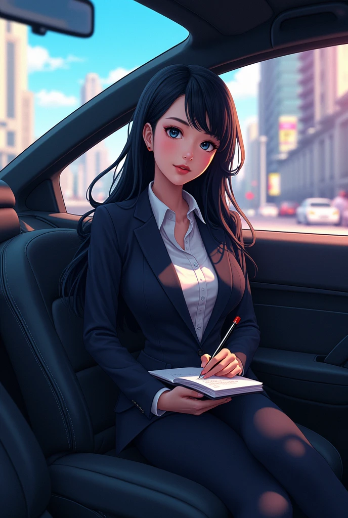 (anime:1.2),Woman with black hair, long, with bigger breasts, slender and ass. dressed as a secretary, sitting in a car with a notebook in hand to take notes