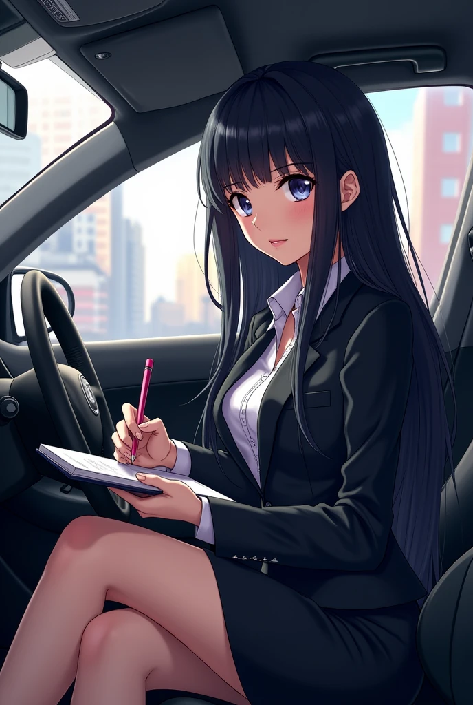 (anime:1.2),Woman with black hair, long, with bigger breasts, slender and ass. dressed as a secretary, sitting in a car with a notebook in hand to take notes
