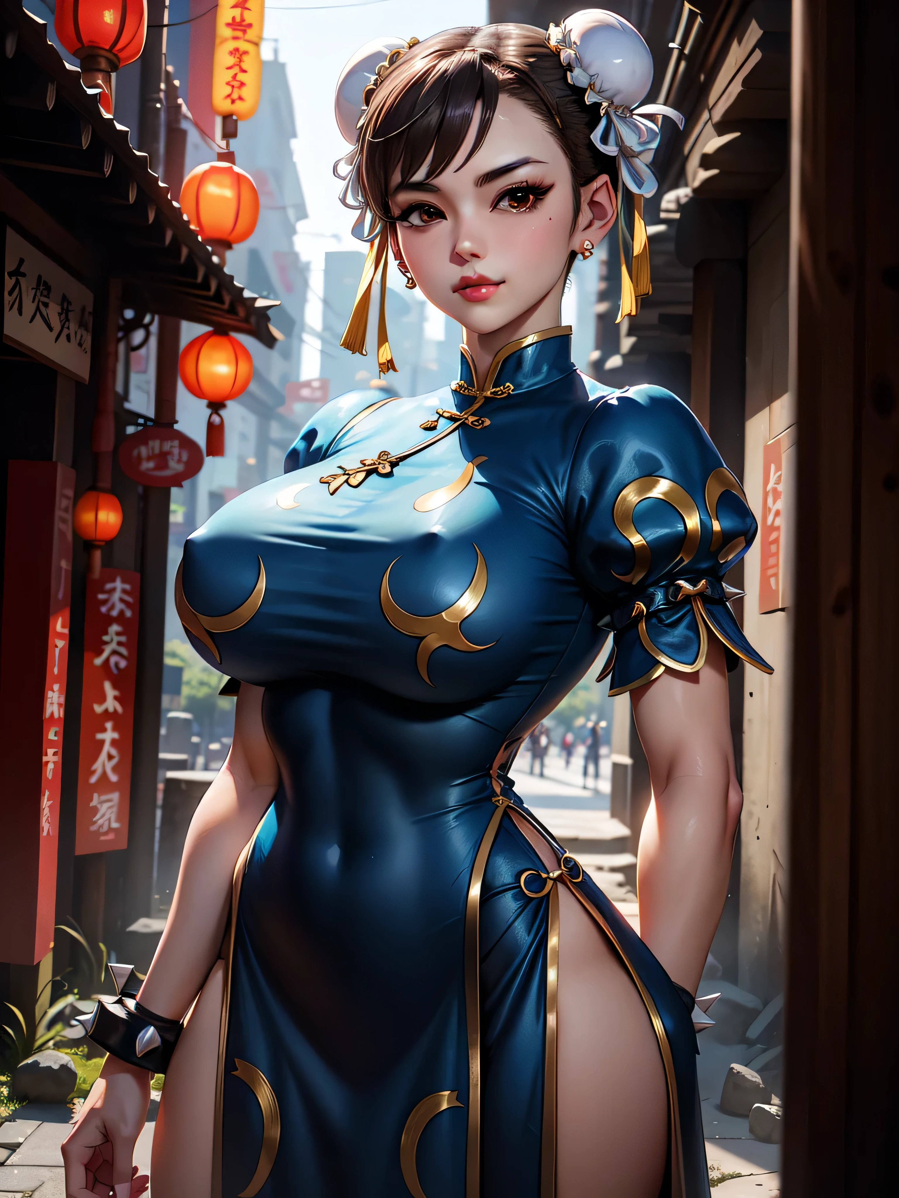 Chun Li,(black hair two braided) , brown eyes,
chinese clothing, spiked bracelet, earrings ,( chinese blue dress :1.4)
standing, Upper part of the body, smile, wad of bills, (pantimedias negra nylons ),
Chinatown, evening ,
(Incredibly detailed, beautiful face detallado, beautiful detailed eyes, masterpiece, Best Quality),Alone, ,(Ruined dungeon ruins background:1.4 ), (masterpiece: 1.4), (8k, realist, raw photo, La Best Quality: 1.4),(Chun Li:1.4), (Chu Li V2.1), (dynamic pose), (Alone),( alley background big stones Tokyo :1.4),( not mutations), (Face details: 1.5, (Beautiful brown eyes:1.4) , beautiful face, pretty eyes, iris coating, thin lips: 1.5, delgado, pale and sharp eyebrows, long, dark eyelashes, double eyelashes), (bright colors), cayendo lluvia nublado evening,