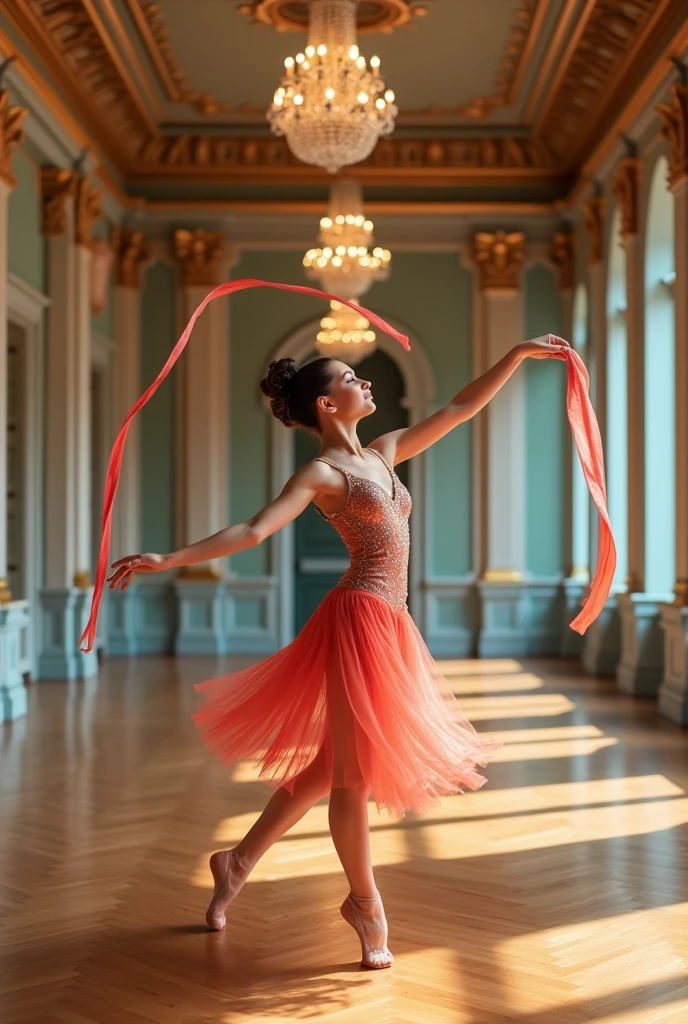 Generates a semi-realistic image of a girl performing rhythmic gymnastics choreography, classical dance hall and contemporary dance