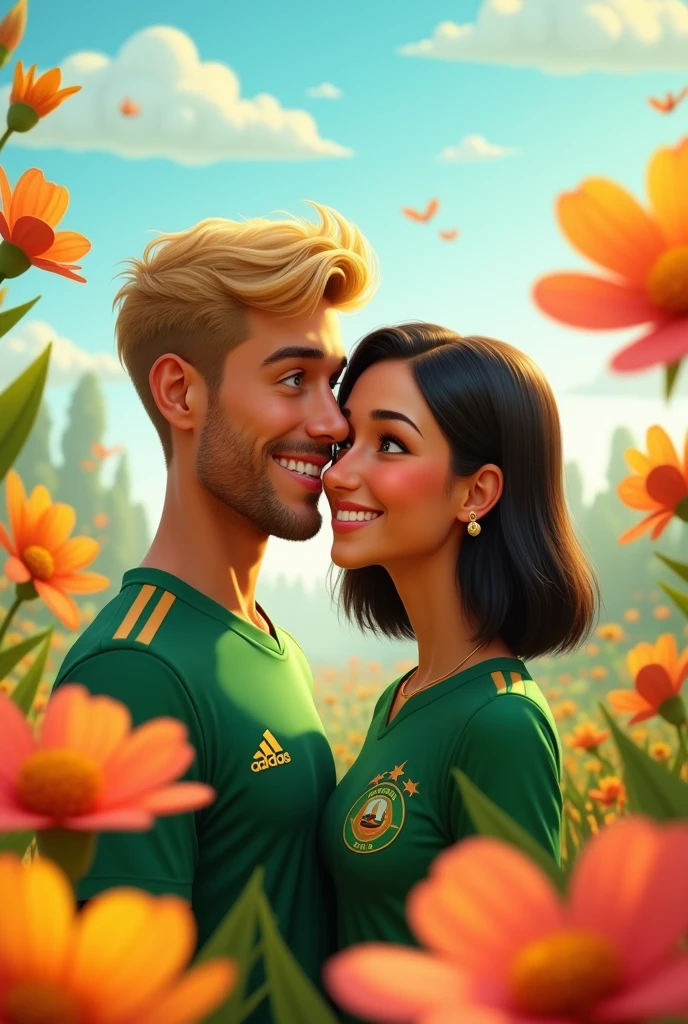 couple, he is tall blond 38 years old short blond hair, clear eyes, Palmeiras shirt she is dark brunette straight black hair shoulder length, brown eyes small earrings, disney pixar style