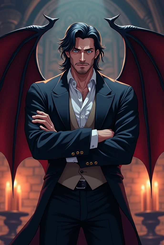 An middle aged classy vampire with crossed arms and bat wings in anime style with unshaved beard