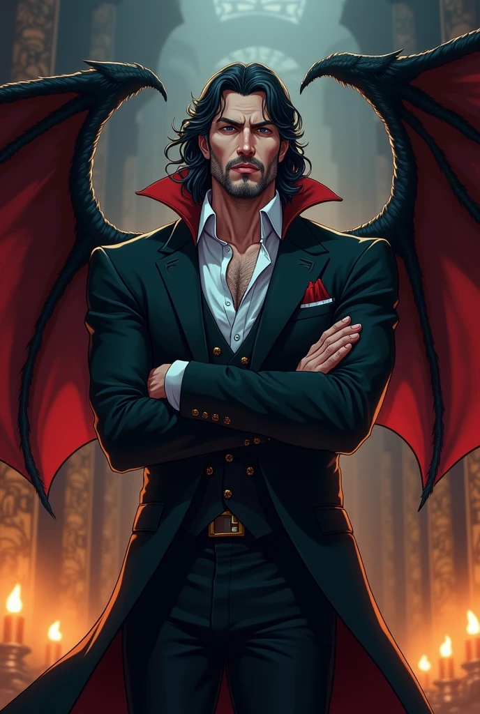 An middle aged classy vampire with crossed arms and bat wings in anime style with unshaved beard