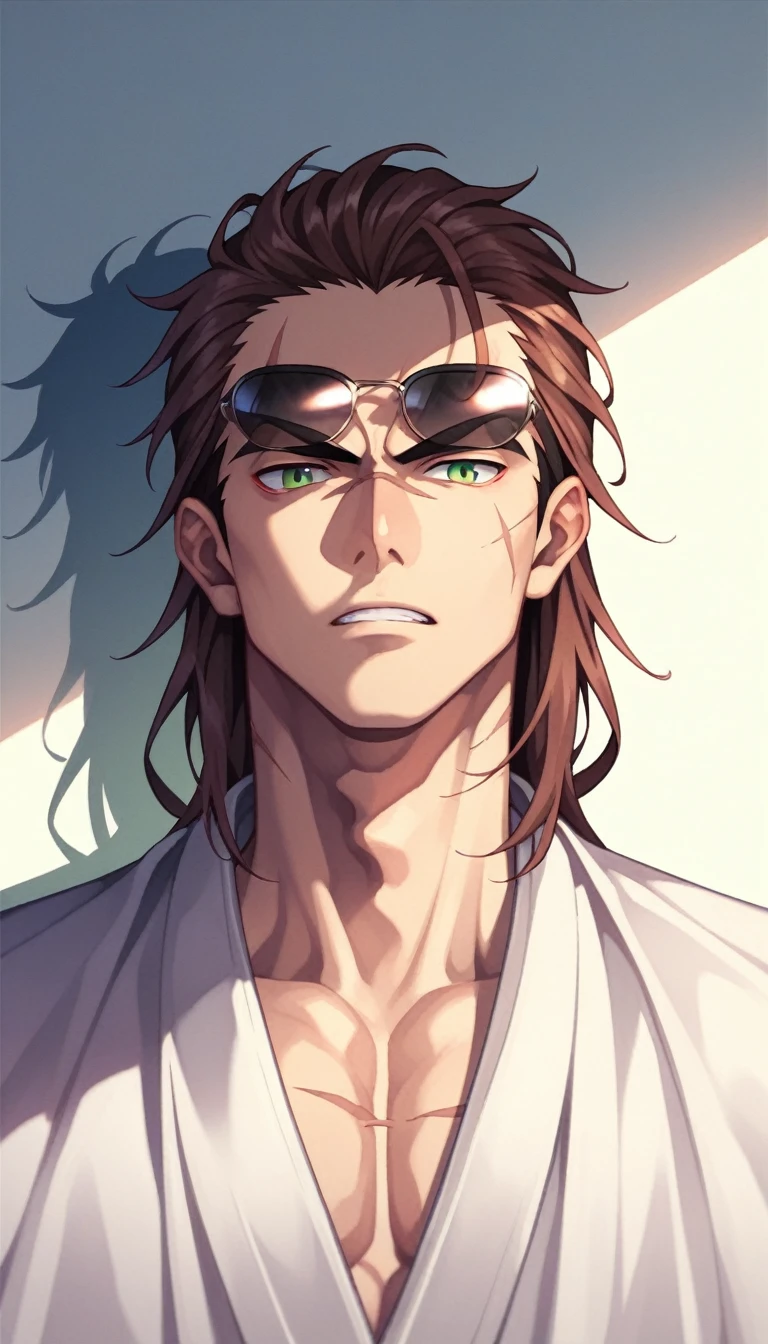 Anime Style, Yakuza, Japan Mafia, Scars on the face, Quietly angry, Middle-aged man, Reddish brown hair, Green Eyes, Sharp Eyes, Medium Long Hair, Calm. wise, Staggered sunglasses, Black ceremonial clothing, Background of the Ascending Dragon, Worldview of the Underworld, Surrealism, Expressionism, Anime Style, Cast a Shadow, Film Grain, Vignetting, silhouette, 1080P, Anatomically correct