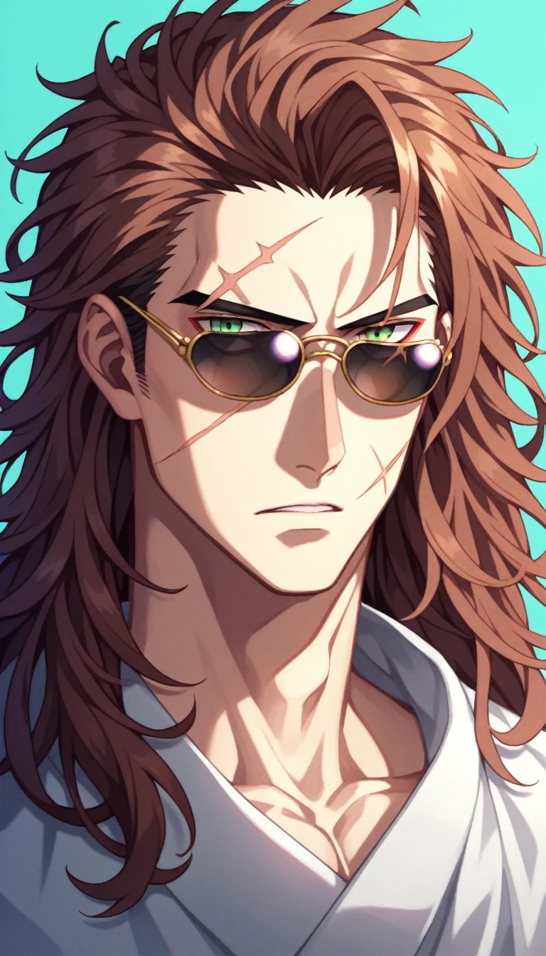 Anime Style, Yakuza, Japan Mafia, Scars on the face, Quietly angry, Middle-aged man, Reddish brown hair, Green Eyes, Sharp Eyes, Medium Long Hair, Calm. wise, Staggered sunglasses, Black ceremonial clothing, Background of the Ascending Dragon, Worldview of the Underworld, Surrealism, Expressionism, Anime Style, Cast a Shadow, Film Grain, Vignetting, silhouette, 1080P, Anatomically correct