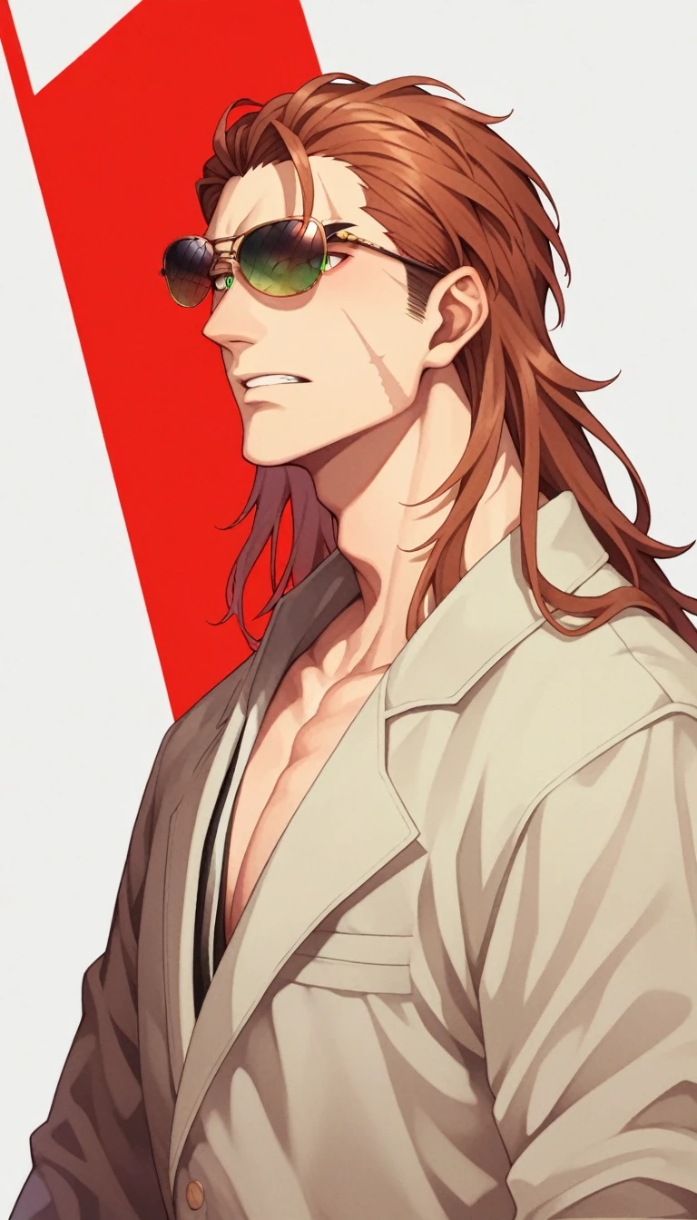 Anime Style, Yakuza, Japan Mafia, Scars on the face, Quietly angry, Middle-aged man, Reddish brown hair, Green Eyes, Sharp Eyes, Medium Long Hair, Calm. wise, Staggered sunglasses, Black ceremonial clothing, Background of the Ascending Dragon, Worldview of the Underworld, Surrealism, Expressionism, Anime Style, Cast a Shadow, Film Grain, Vignetting, silhouette, 1080P, Anatomically correct