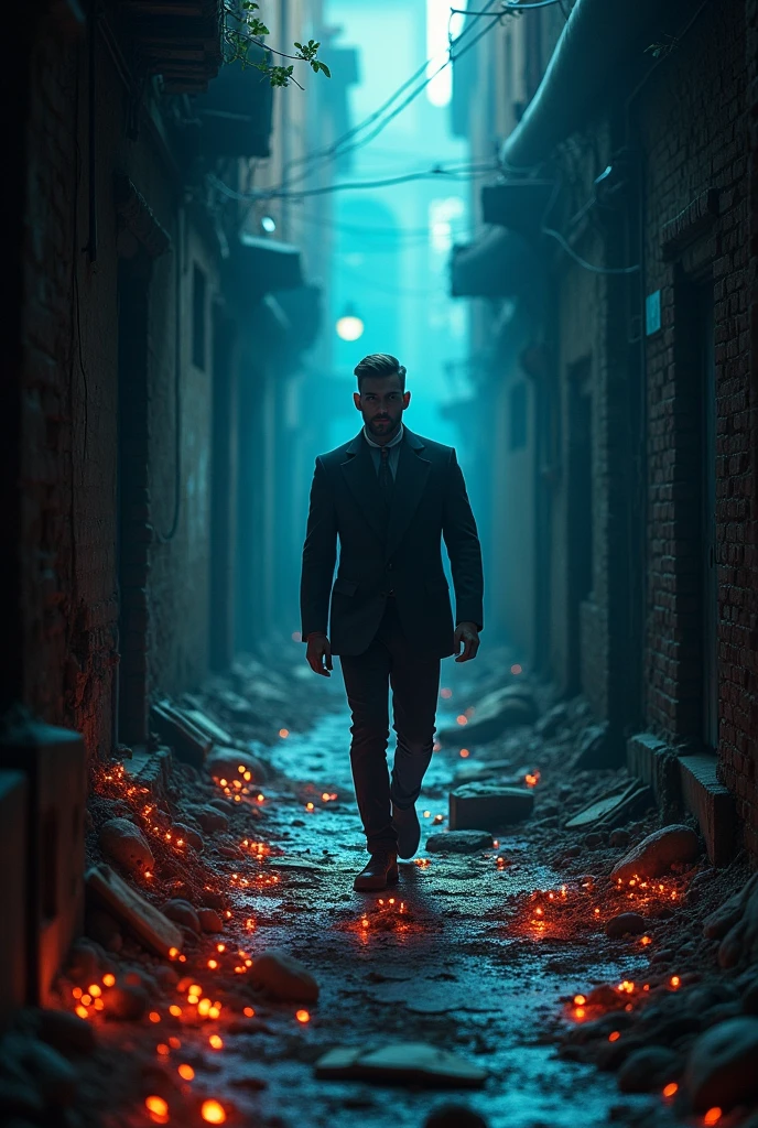 make a picture of a man standing and walking forward, in a miserable environment , but with the expression completely focused, and around him there is an aura, and when he walks forward half the room starts to stop being miserable.