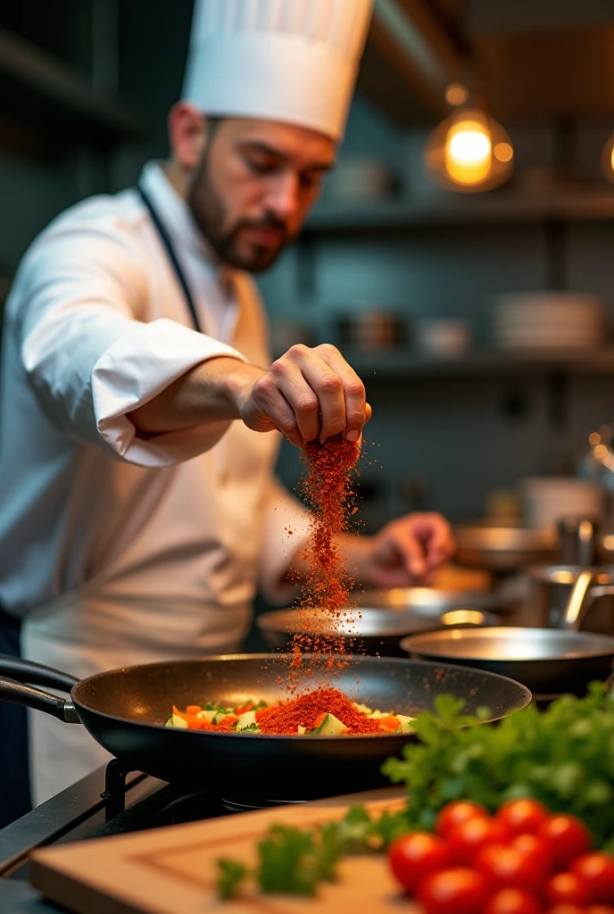 cook preparing a dish, putting spices in the pan, fullhd