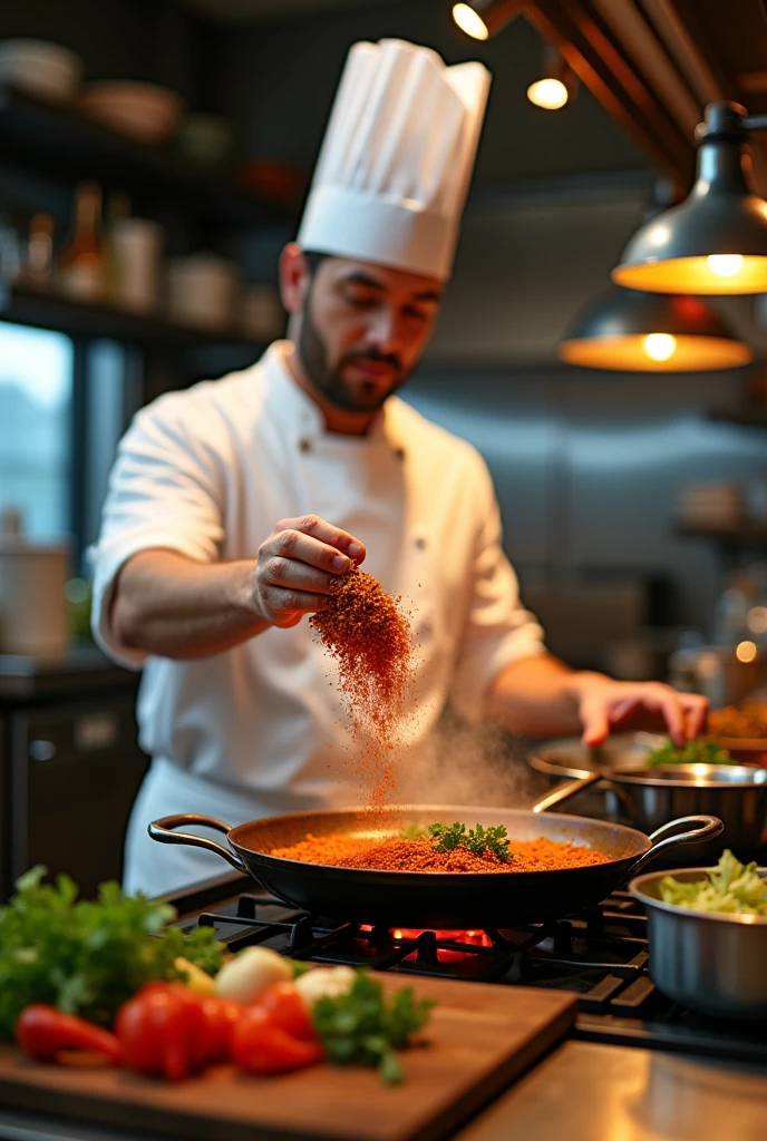 cook preparing a dish, putting spices in the pan, fullhd